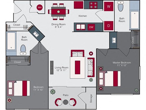 Floor plan for 2 beds, 2 baths, 960 sqft